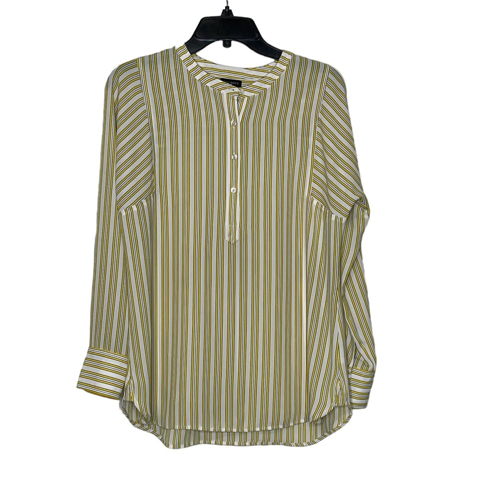 Talbots 1/4 Button‎ Blouse Size XS Yellow White Black Striped Womens Polyester